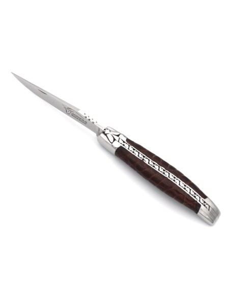 Laguiole pocket knife, 10 cm, leather handle, bee and spring chiseled with a file