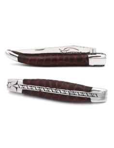 Laguiole pliant, 10 cm, manche en cuir, abeille et ressort ciselés à la lime