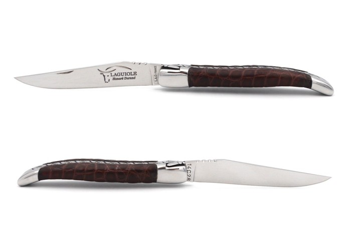 Laguiole pliant, 10 cm, manche en cuir, abeille et ressort ciselés à la lime