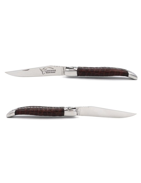 Laguiole Klappmesser, 10 cm, Ledergriff, Biene und Feder mit einer Feile ziseliert