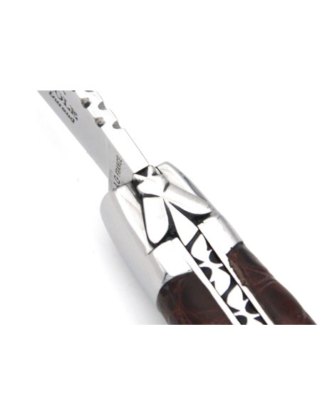 Laguiole Klappmesser, 10 cm, Ledergriff, Biene und Feder mit einer Feile ziseliert