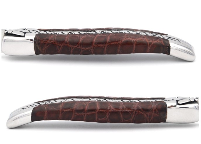 Laguiole pocket knife, 10 cm, leather handle, bee and spring chiseled with a file