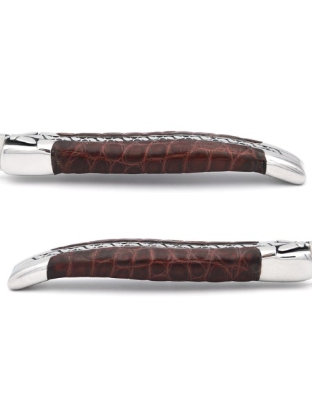 Laguiole Klappmesser, 10 cm, Ledergriff, Biene und Feder mit einer Feile ziseliert