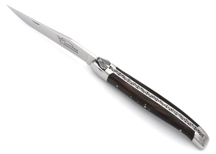 Laguiole pocket knife, 13 cm, hand chiseled bee and spring, dark horn tip handle with shiny bolsters