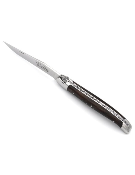 Laguiole pocket knife, 13 cm, hand chiseled bee and spring, dark horn tip handle with shiny bolsters