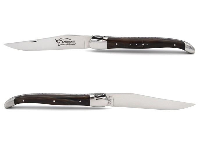 Laguiole 13 cm, Biene und Feder ziseliert, Heftbacken aus glänzendem Edelstahl, Hornspitze