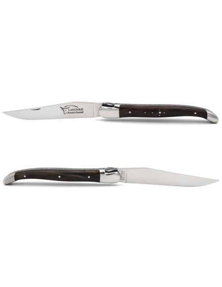 Laguiole pocket knife, 13 cm, hand chiseled bee and spring, dark horn tip handle with shiny bolsters