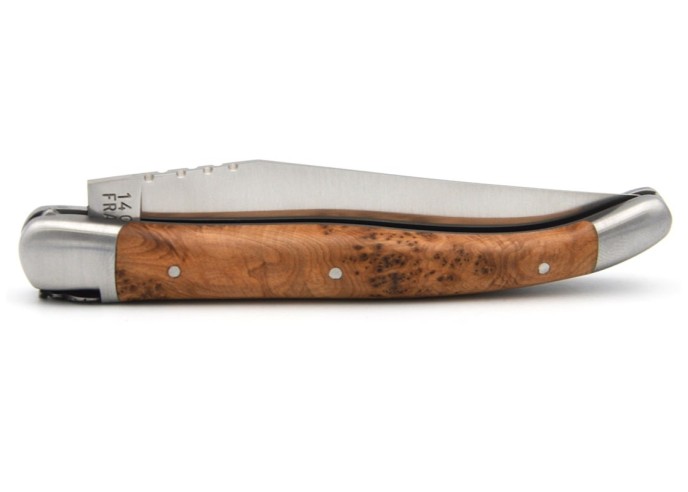 Laguiole 11cm, Biene und Feder ziseliert, Heftbacken aus mattern Edelstahl, Wacholderholz