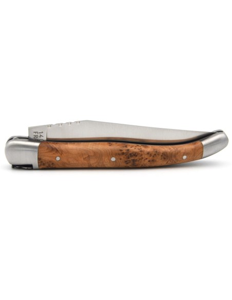 Laguiole pliant, 11 cm, abeille et ressort burin, manche en genévrier, mitres inox mat