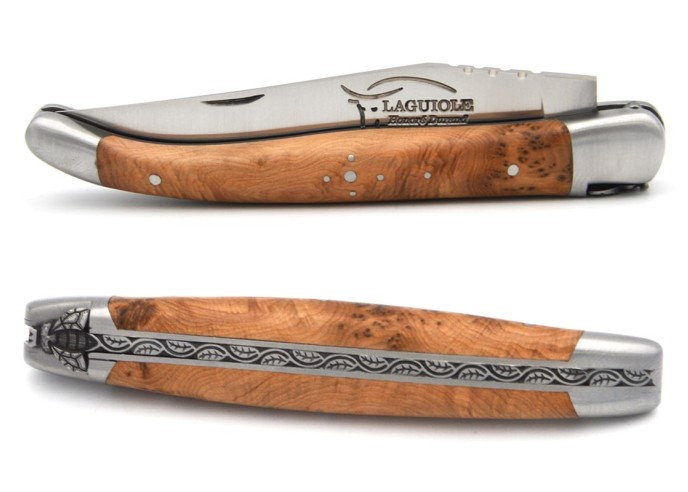 Laguiole pocket knife, 11 cm, chiseled bee and spring,  juniper handle with matt bolsters
