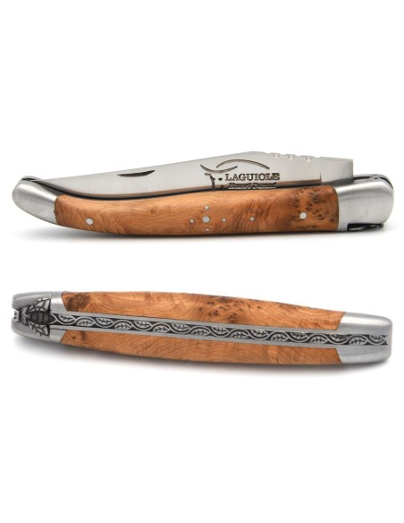 Laguiole pocket knife, 11 cm, chiseled bee and spring,  juniper handle with matt bolsters