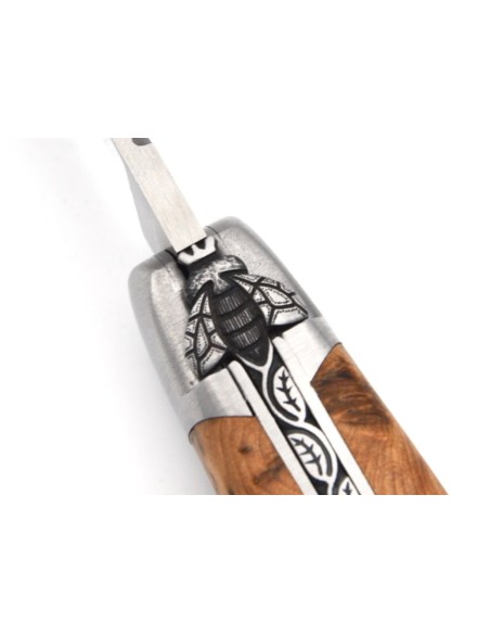 Laguiole pocket knife, 11 cm, chiseled bee and spring,  juniper handle with matt bolsters
