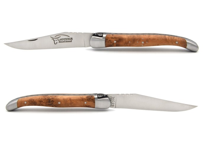 Laguiole pocket knife, 11 cm, chiseled bee and spring,  juniper handle with matt bolsters