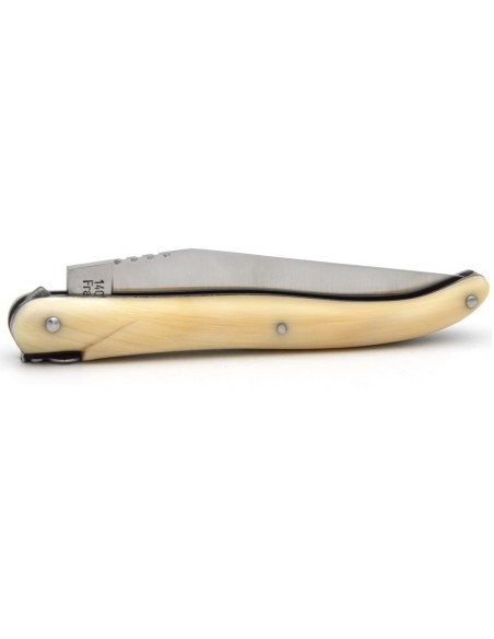Laguiole Klappmesser, 12 cm, Biene und Feder mit Feile ziseliert, Voller Griff aus Hornspitze
