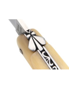 Laguiole Klappmesser, 12 cm, Biene und Feder mit Feile ziseliert, Voller Griff aus Hornspitze