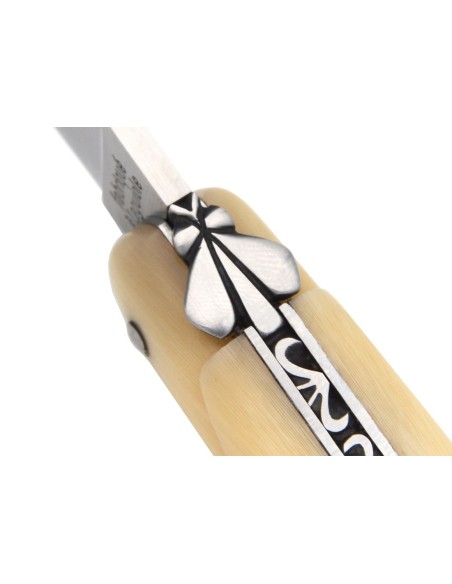 Laguiole Klappmesser, 12 cm, Biene und Feder mit Feile ziseliert, Voller Griff aus Hornspitze