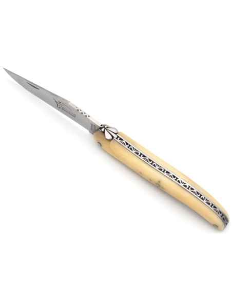 Laguiole Klappmesser, 12 cm, Biene und Feder mit Feile ziseliert, Voller Griff aus Hornspitze