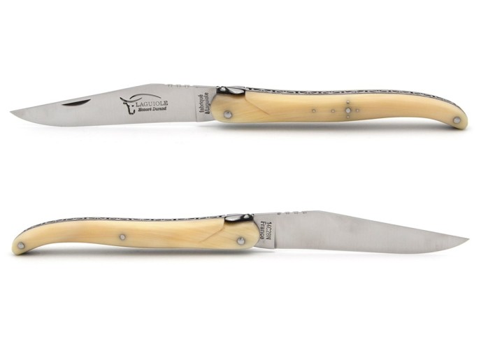 Laguiole Klappmesser, 12 cm, Biene und Feder mit Feile ziseliert, Voller Griff aus Hornspitze