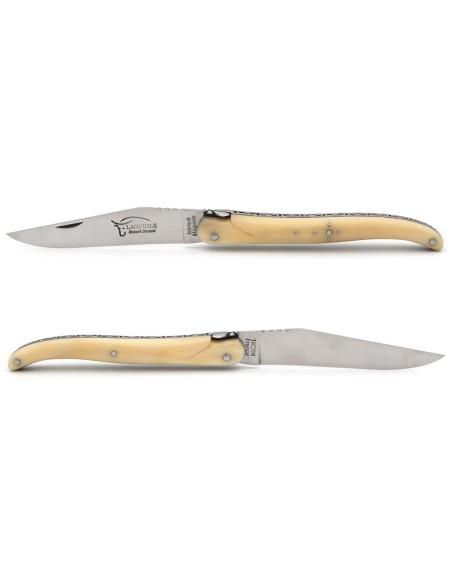 Laguiole Klappmesser, 12 cm, Biene und Feder mit Feile ziseliert, Voller Griff aus Hornspitze