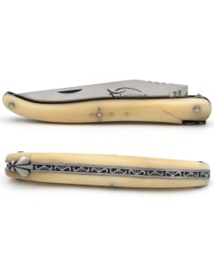 Laguiole Klappmesser, 12 cm, Biene und Feder mit Feile ziseliert, Voller Griff aus Hornspitze 2