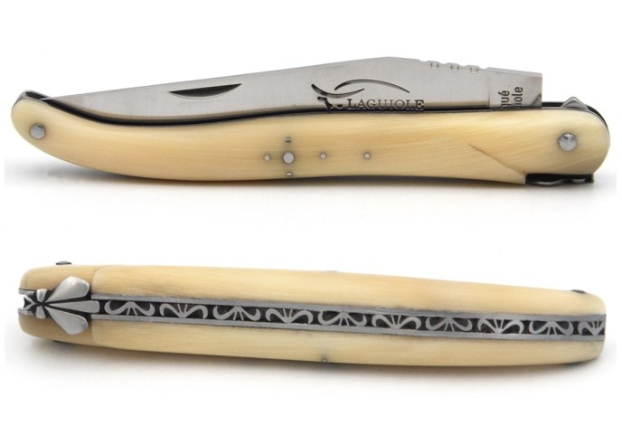 Laguiole Klappmesser, 12 cm, Biene und Feder mit Feile ziseliert, Voller Griff aus Hornspitze