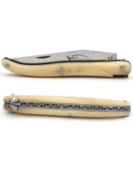Laguiole Klappmesser, 12 cm, Biene und Feder mit Feile ziseliert, Voller Griff aus Hornspitze