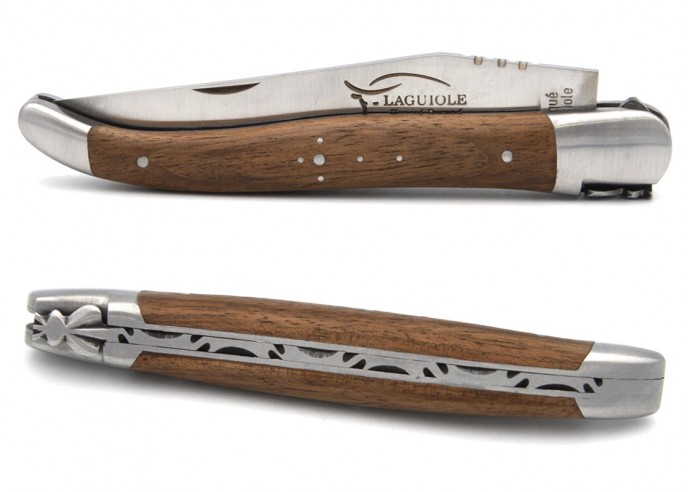 Laguiole pocket knife, 12 cm, forged bee, walnut wood handle with matt bolsters