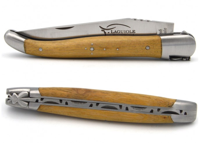 Laguiole pocket knife, 12 cm, forged bee, acacia wood handle with matt bolsters