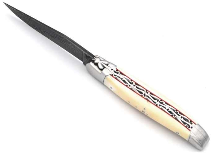 Laguiole Klappmesser, 12cm,  Doppelplatinen ziselier, Voller Griff aus Warzenschweinezahn & rot Vulkanfiber