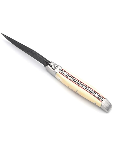 Laguiole Klappmesser, 12cm,  Doppelplatinen ziselier, Voller Griff aus Warzenschweinezahn & rot Vulkanfiber