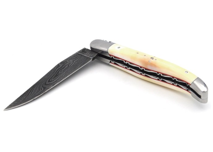 Laguiole pocket knife, 12 cm, chiseled double plates, warthog tooth handle & red spacer