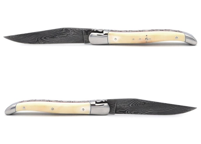 Laguiole Klappmesser, 12cm,  Doppelplatinen ziselier, Voller Griff aus Warzenschweinezahn & rot Vulkanfiber