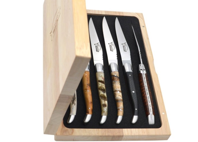 Laguiole Steakmesser mit mattierten Edelstahlbacken, breite verschiedene Griffe
