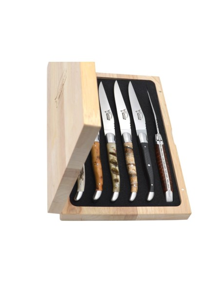Laguiole Steakmesser mit mattierten Edelstahlbacken, breite verschiedene Griffe