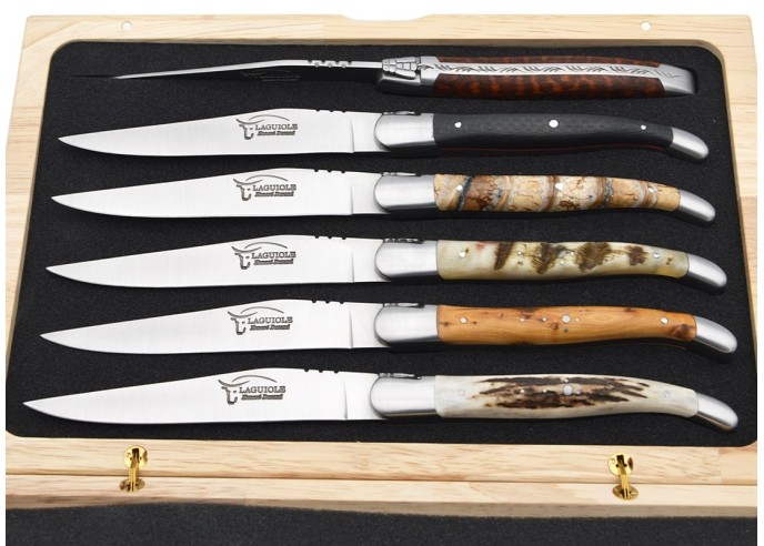 Laguiole Steakmesser mit mattierten Edelstahlbacken, breite verschiedene Griffe