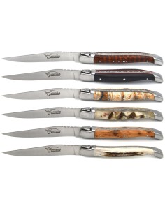 Laguiole Steakmesser mit mattierten Edelstahlbacken, breite verschiedene Griffe