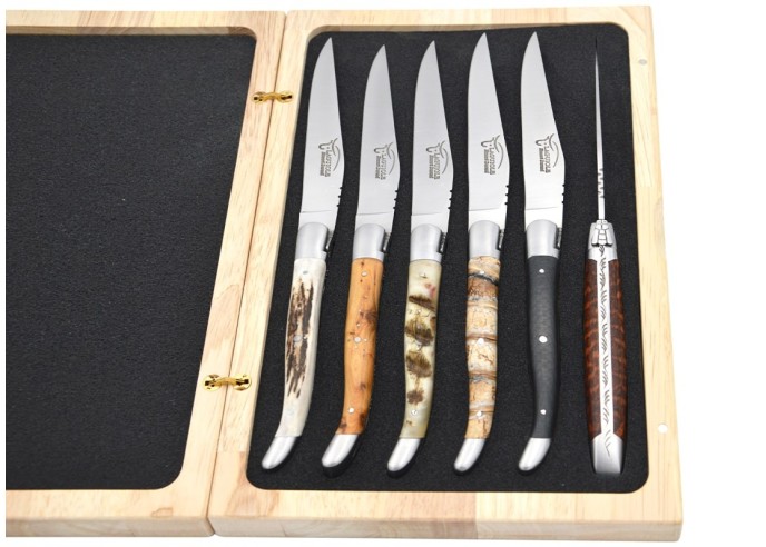 Laguiole Steakmesser mit mattierten Edelstahlbacken, breite verschiedene Griffe