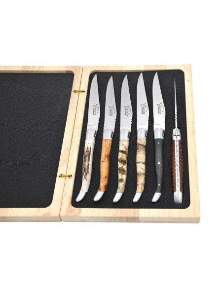 Laguiole Steakmesser mit mattierten Edelstahlbacken, breite verschiedene Griffe