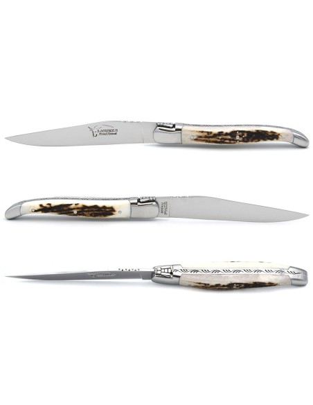 Laguiole steak knives with shiny stainless steel bolsters. Wide dark horn tip handles