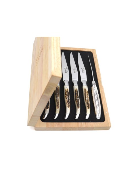 Laguiole Steakmesser, Heftbacken aus mattem Edelstahl, breiterer Griff aus Hornspitze