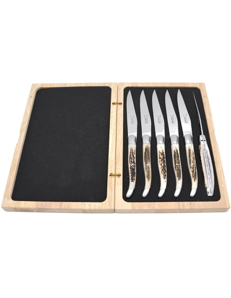 Laguiole Steakmesser, Heftbacken aus mattem Edelstahl, breiterer Griff aus Hornspitze
