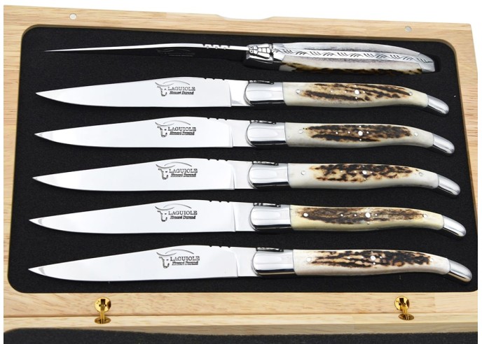Laguiole Steakmesser, Heftbacken aus mattem Edelstahl, breiterer Griff aus Hornspitze