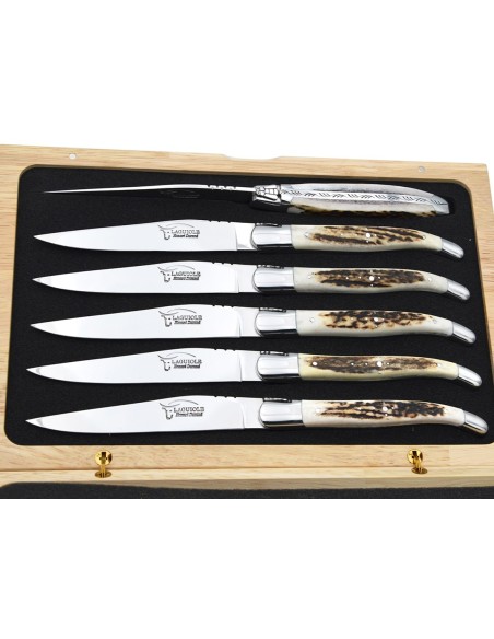 Laguiole Steakmesser, Heftbacken aus mattem Edelstahl, breiterer Griff aus Hornspitze