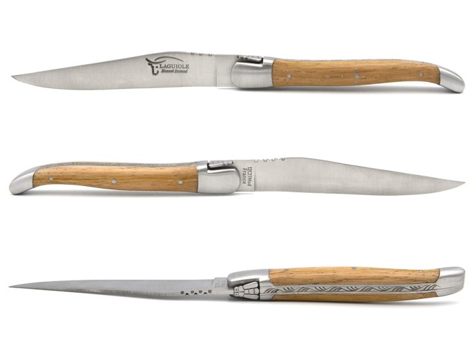 Laguiole Steakmesser, breiterer Griff aus Fasseiche, Heftbacken aus mattem Edelstahl