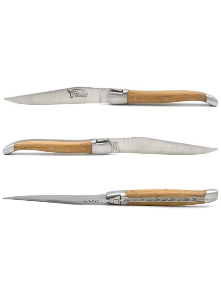 Laguiole Steakmesser, breiterer Griff aus Fasseiche, Heftbacken aus mattem Edelstahl