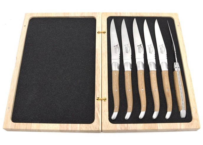 Laguiole Steakmesser, breiterer Griff aus Fasseiche, Heftbacken aus mattem Edelstahl