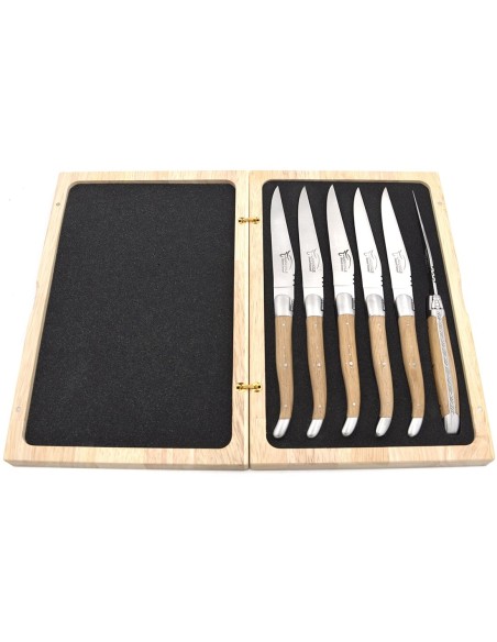 Laguiole Steakmesser, breiterer Griff aus Fasseiche, Heftbacken aus mattem Edelstahl