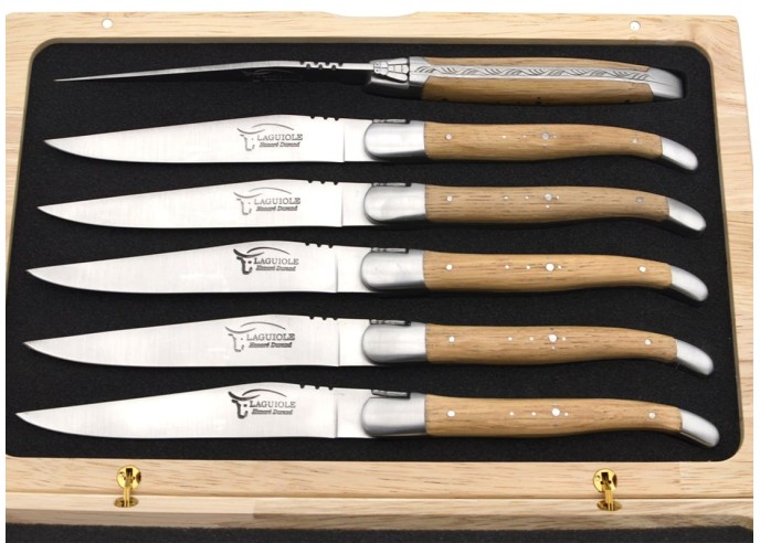 Laguiole Steakmesser, breiterer Griff aus Fasseiche, Heftbacken aus mattem Edelstahl