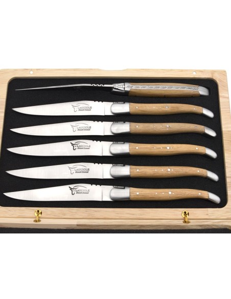 Coffret de couteaux de table de Laguiole, manche galbé en chêne de barrique
