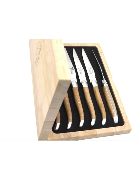 Laguiole Steakmesser, breiterer Griff aus Fasseiche, Heftbacken aus mattem Edelstahl